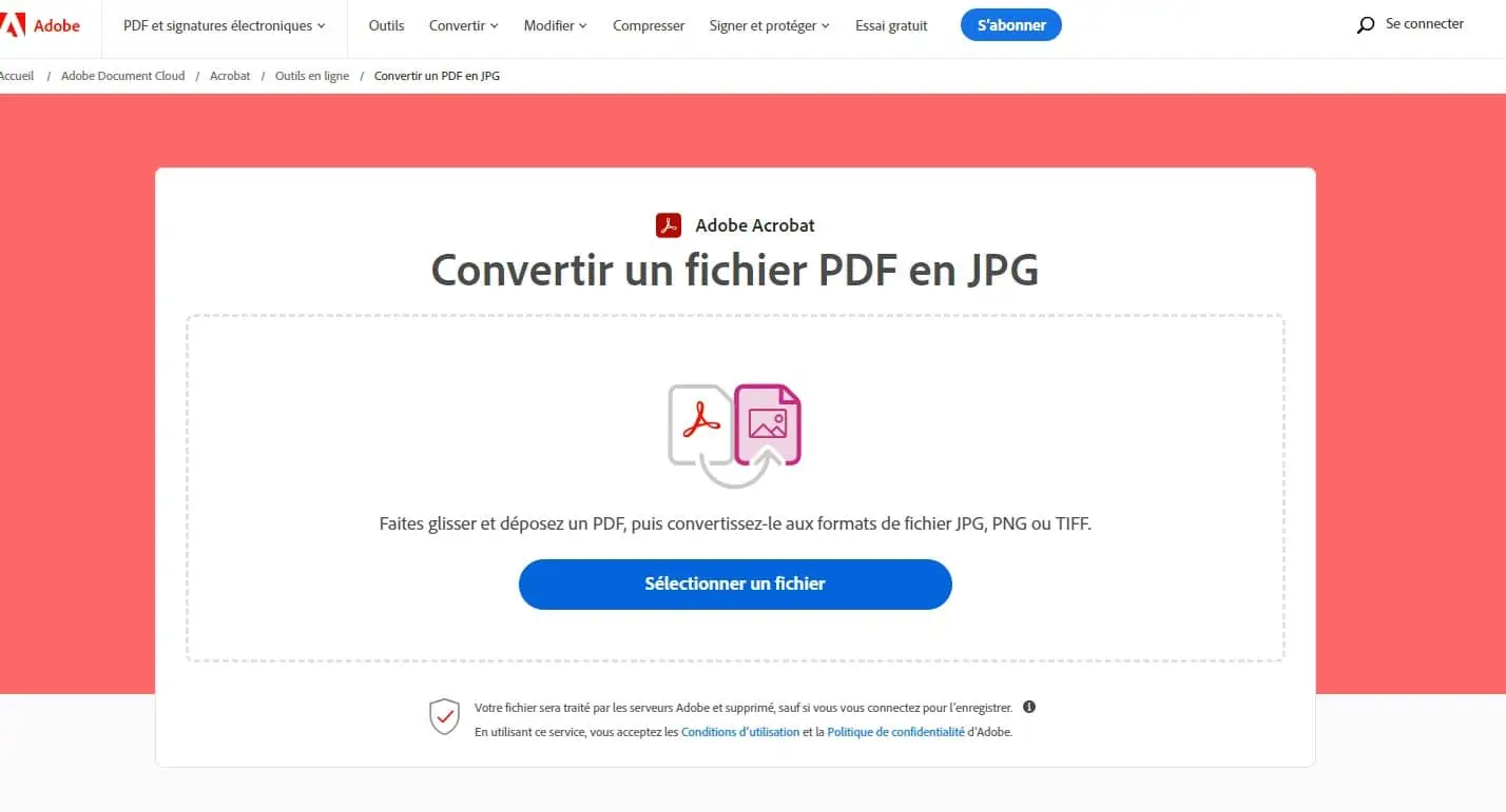 Capture d'écran des options de conversion PDF vers JPG
