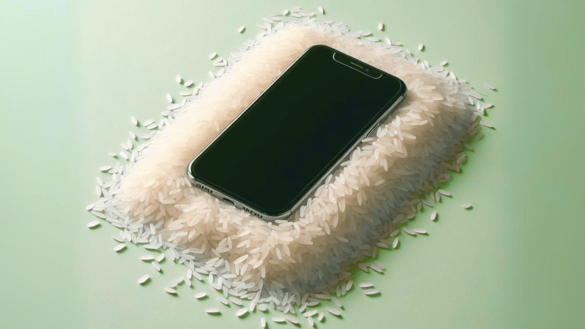 Un iPhone est posé sur un tas de riz